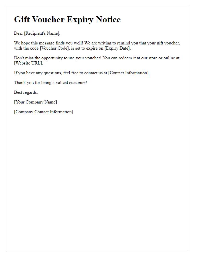 Letter template of gift voucher expiry notice