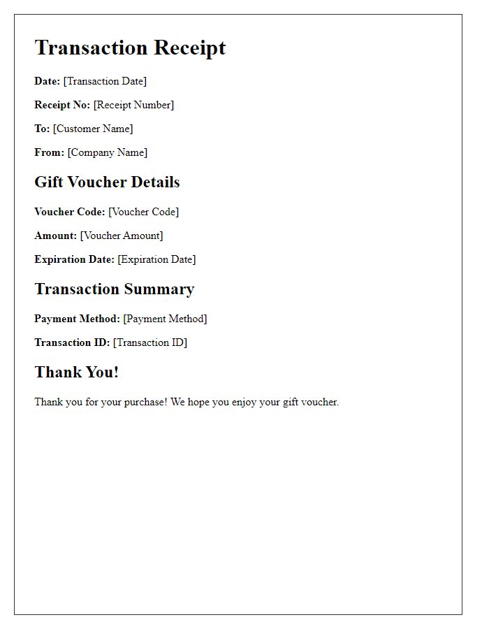 Letter template of gift voucher transaction receipt