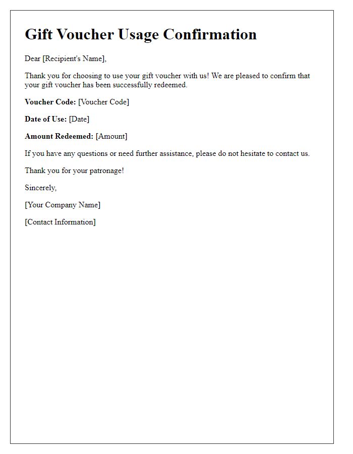 Letter template of gift voucher usage confirmation