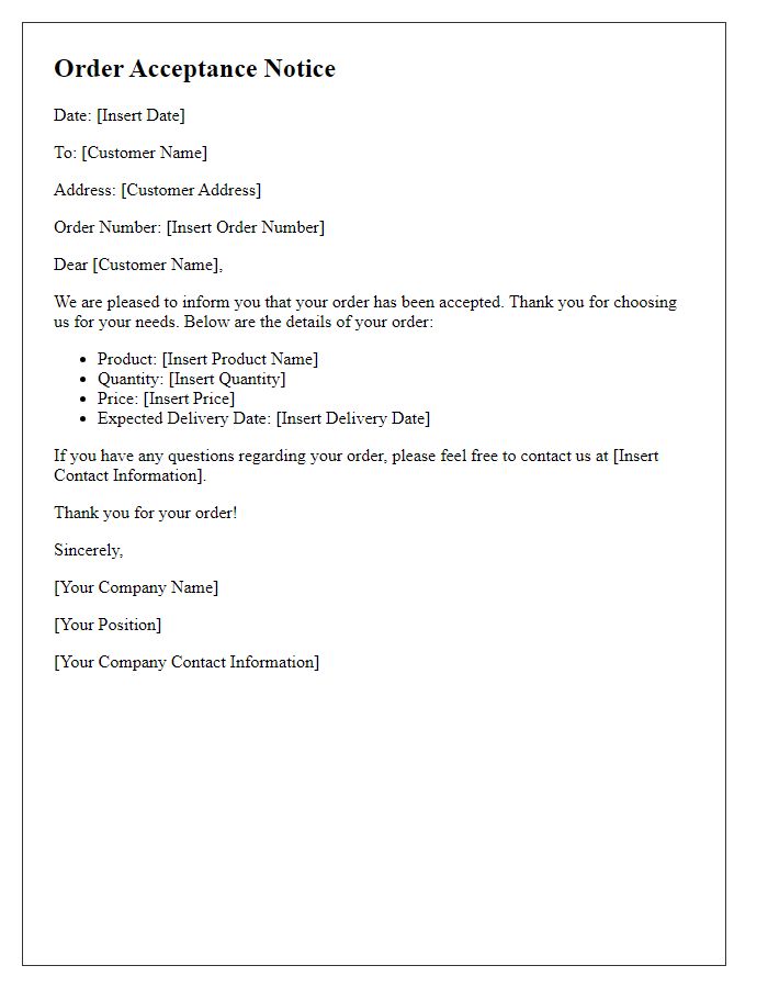 Letter template of order acceptance notice