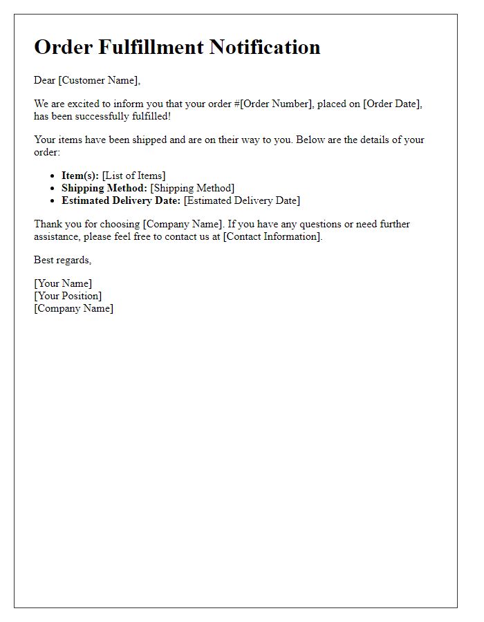 Letter template of order fulfillment notification