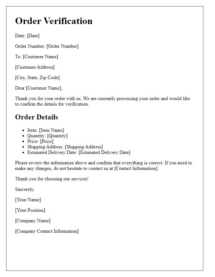 Letter template of order verification