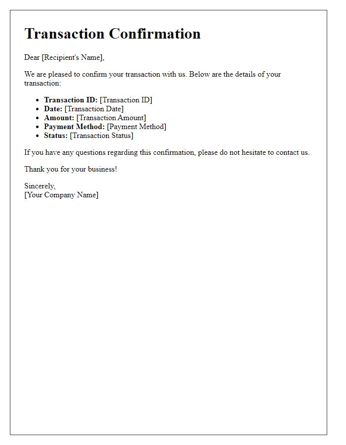 Letter template of transaction confirmation