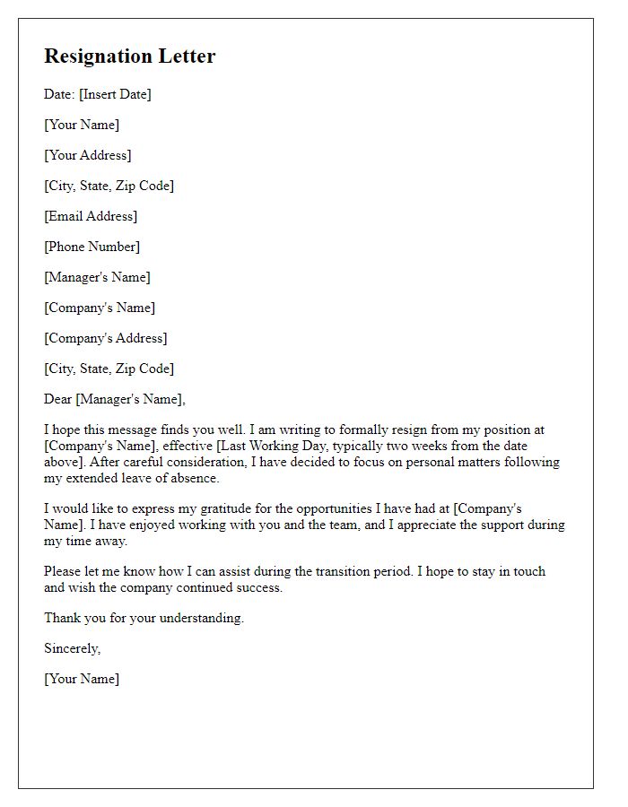 Letter template of resignation after an extended leave