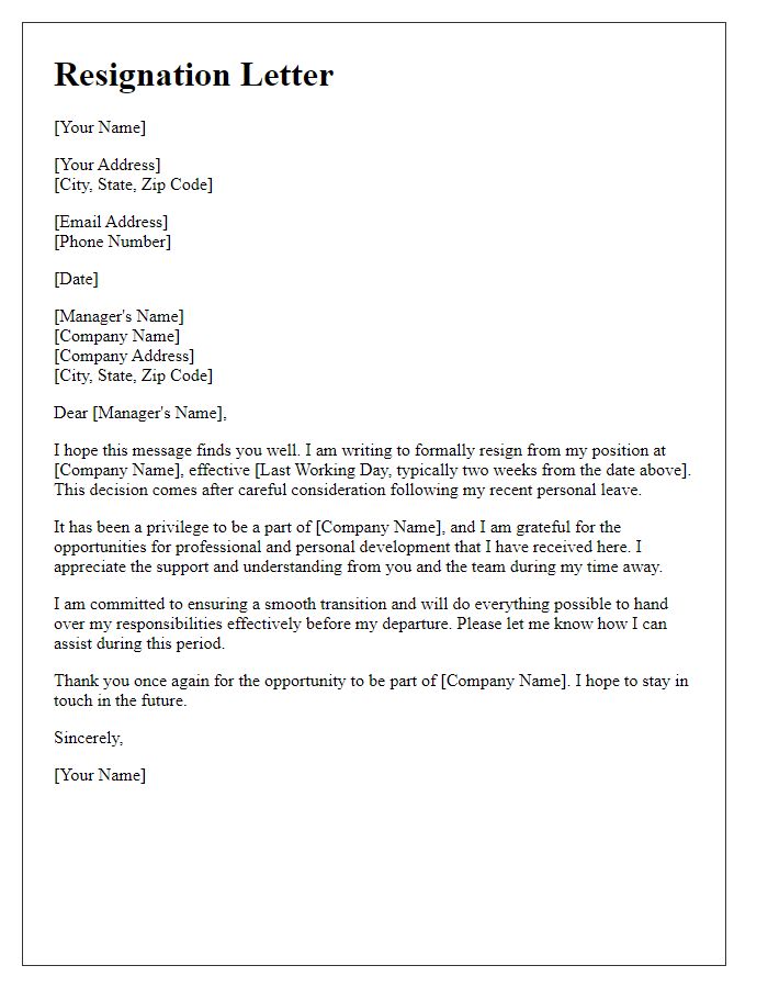 Letter template of resignation after returning from personal leave