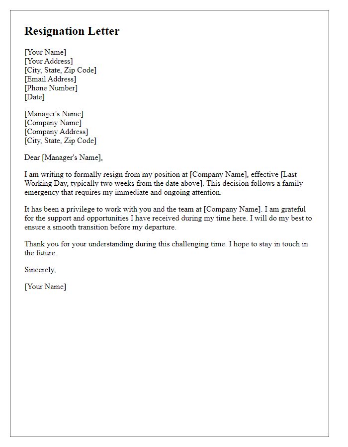 Letter template of resignation following a family emergency leave