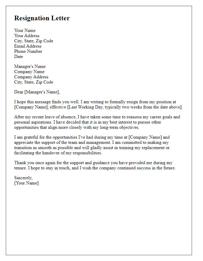 Letter template of resignation following a leave of absence