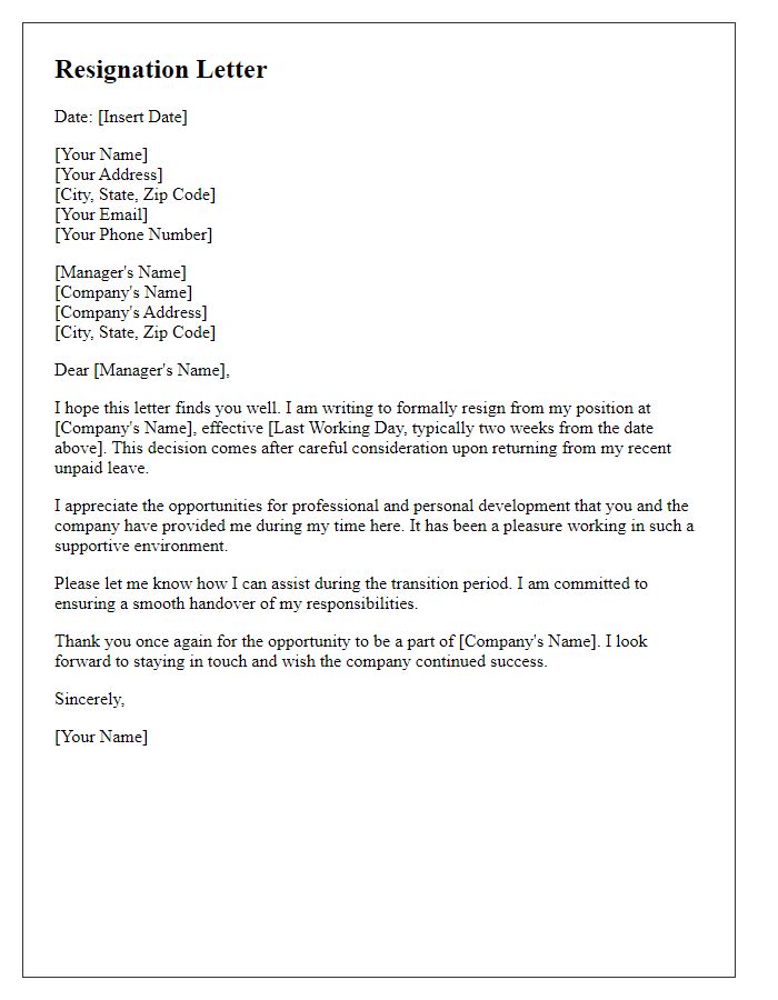 Letter template of resignation upon return from unpaid leave