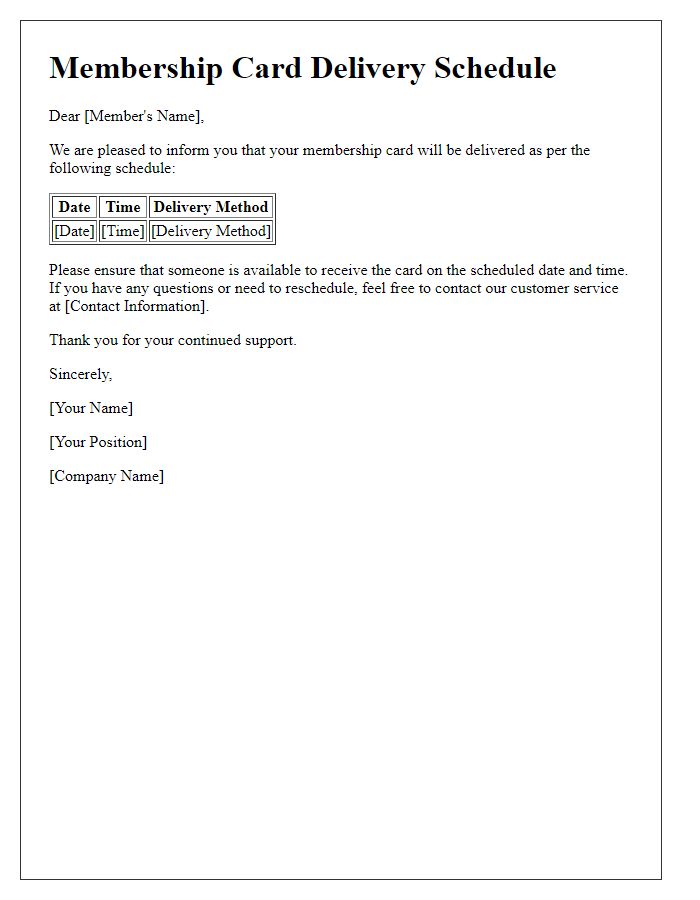 Letter template of membership card delivery schedule