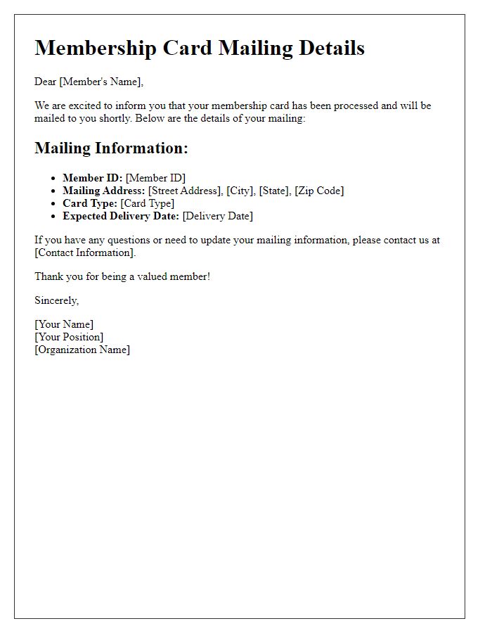 Letter template of membership card mailing details