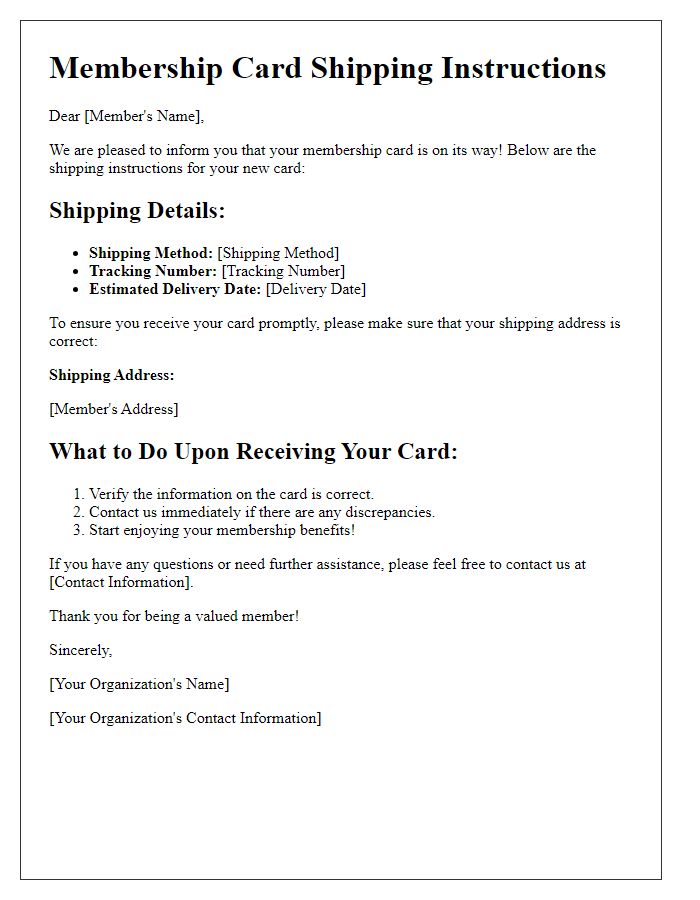 Letter template of membership card shipping instructions