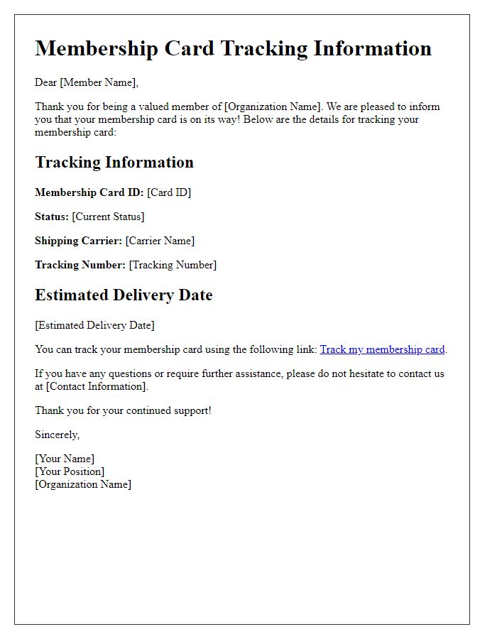 Letter template of membership card tracking information