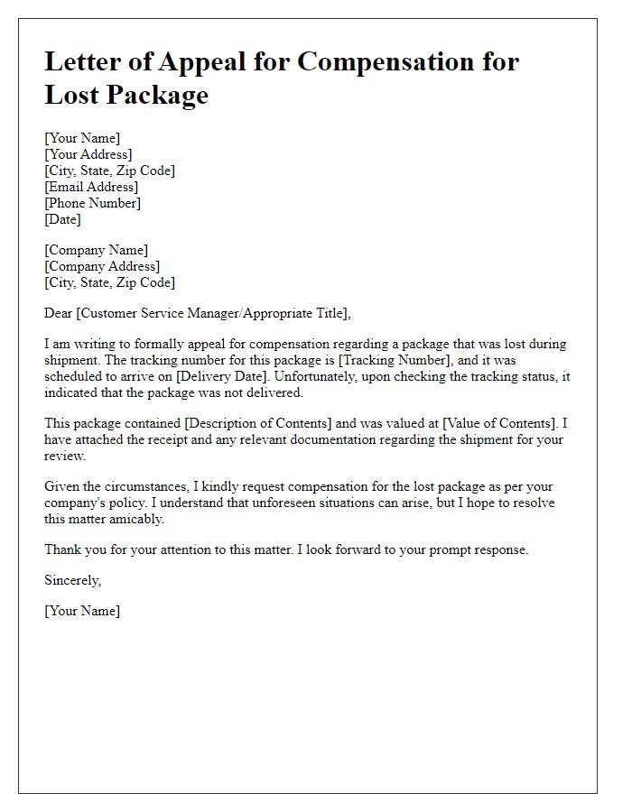 Letter template of appeal for compensation for lost package