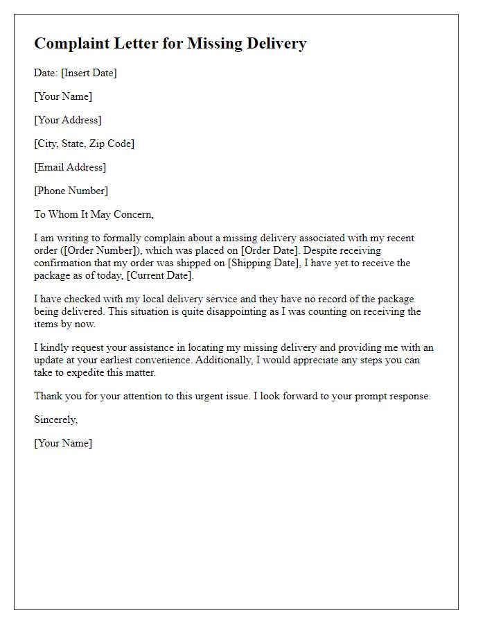 Letter template of complaint for missing delivery