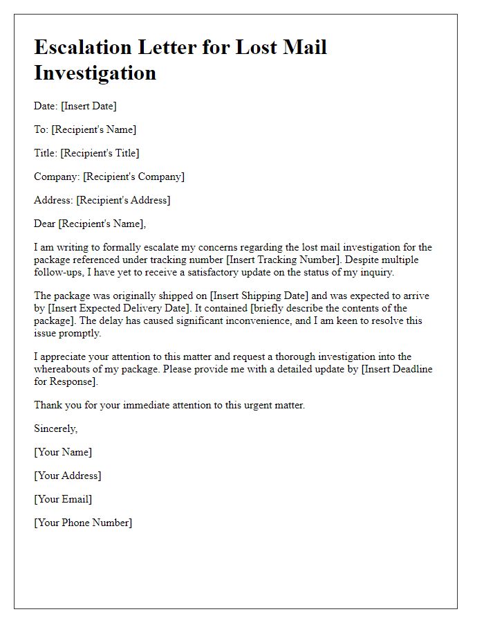 Letter template of escalation for lost mail investigation