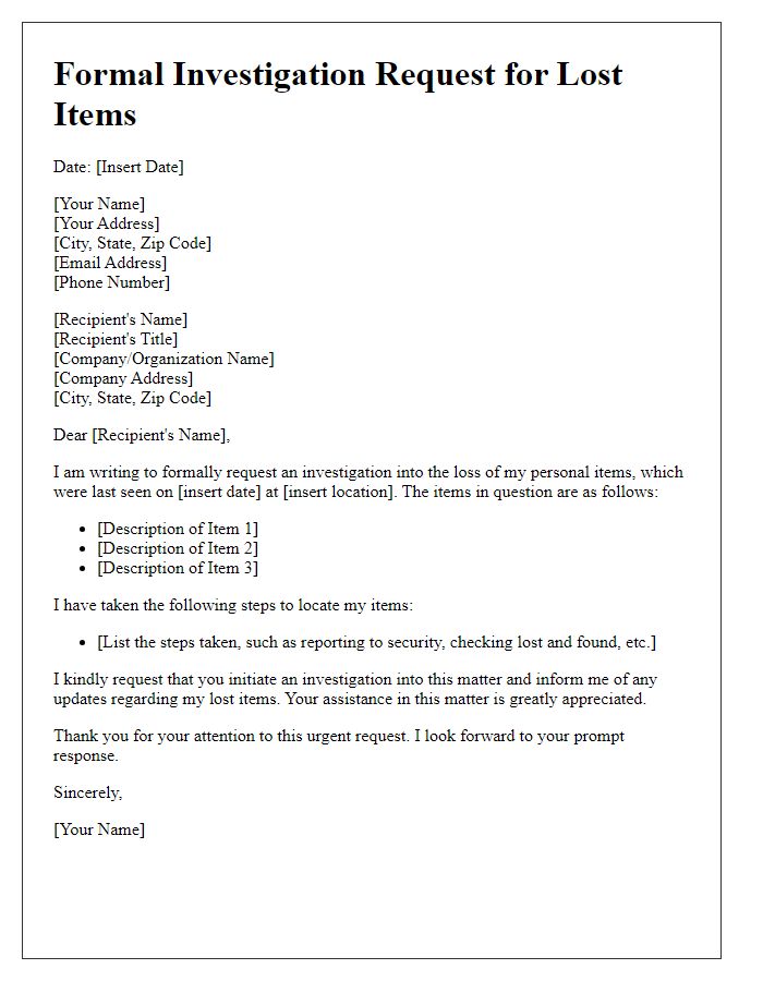 Letter template of formal investigation request for lost items