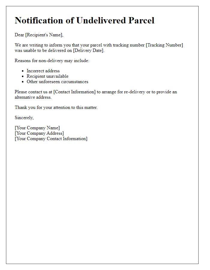 Letter template of notification regarding undelivered parcel