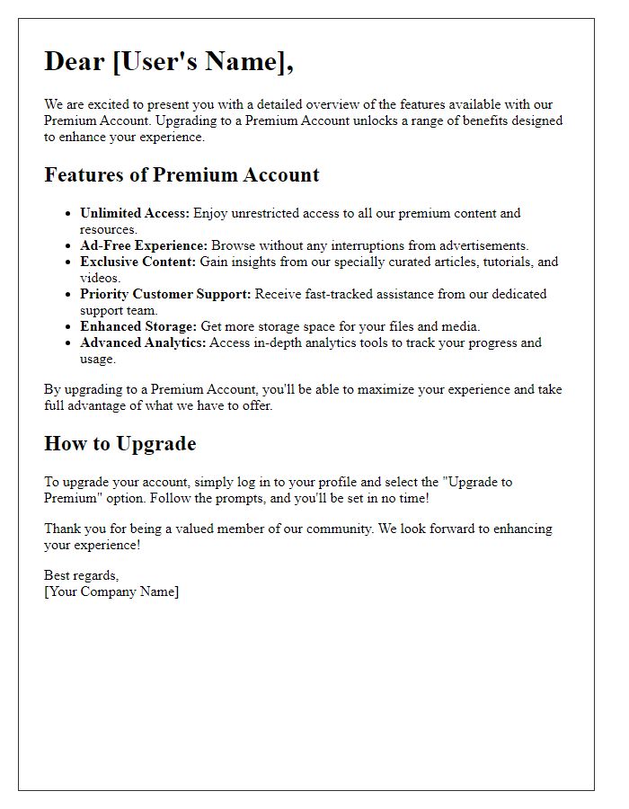 Letter template of Detailed Overview of Premium Account Features for Users