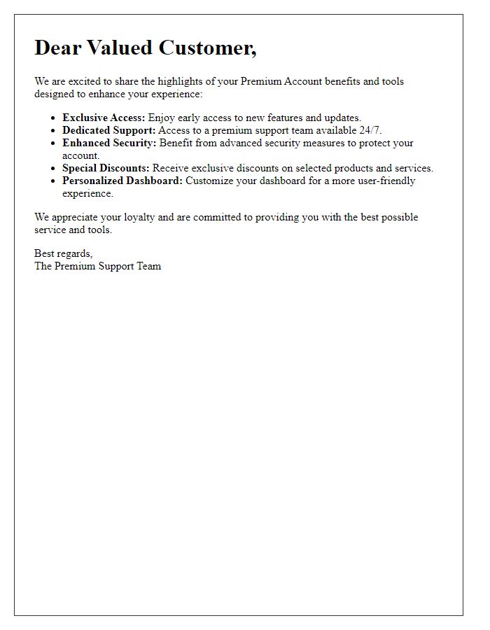Letter template of Highlights of Premium Account Benefits and Tools