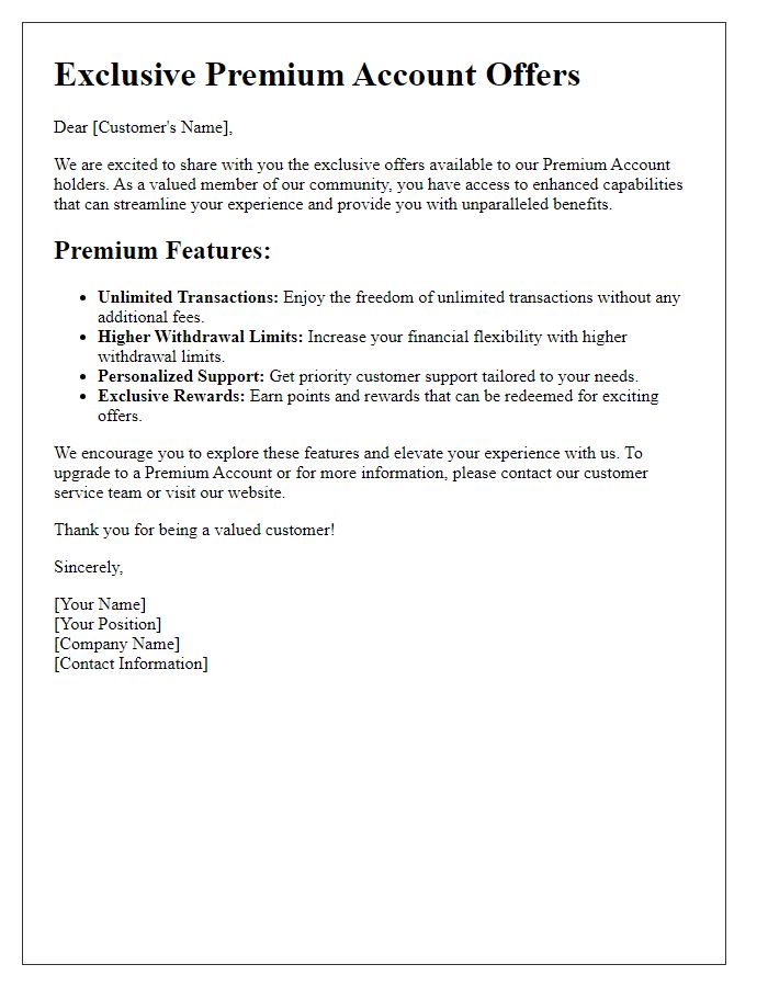 Letter template of Insight into Premium Account Offers and Capabilities