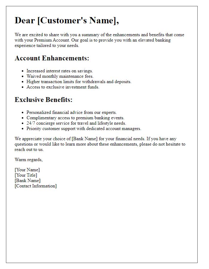 Letter template of Summary of Premium Account Enhancements and Benefits