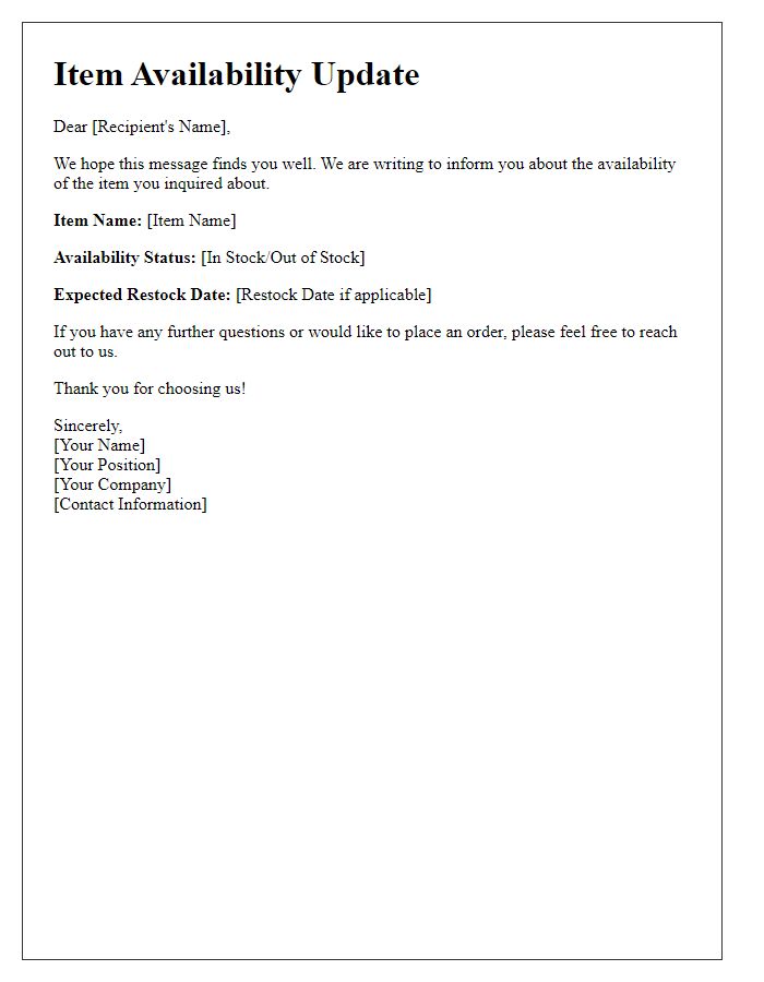 Letter template of item availability update