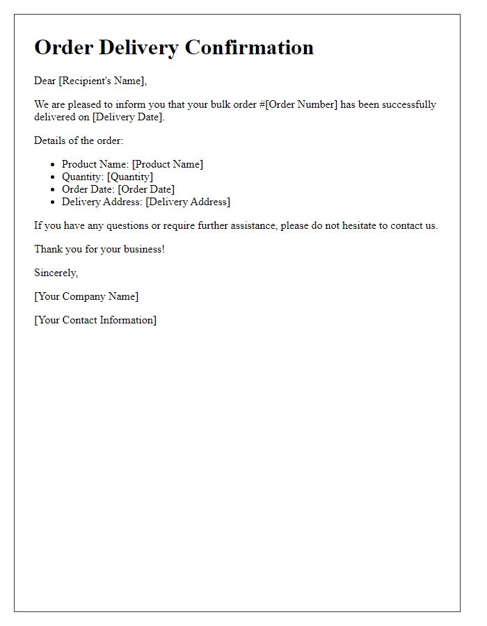 Letter template of order delivery confirmation for bulk orders