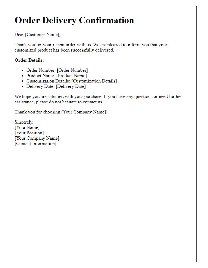 Letter template of order delivery confirmation for customized products