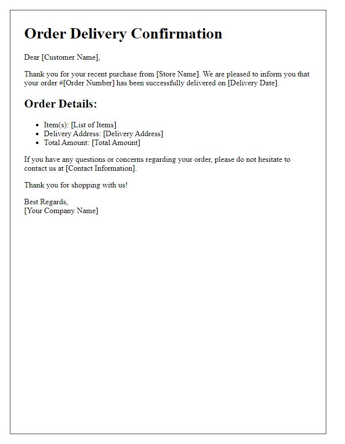 Letter template of order delivery confirmation for online purchases