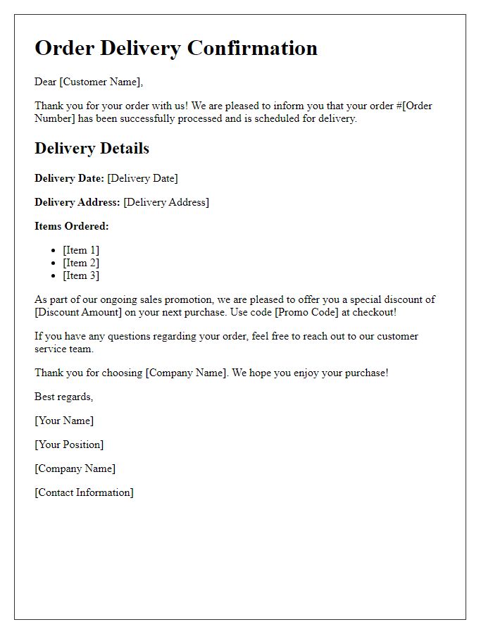 Letter template of order delivery confirmation for sales promotions