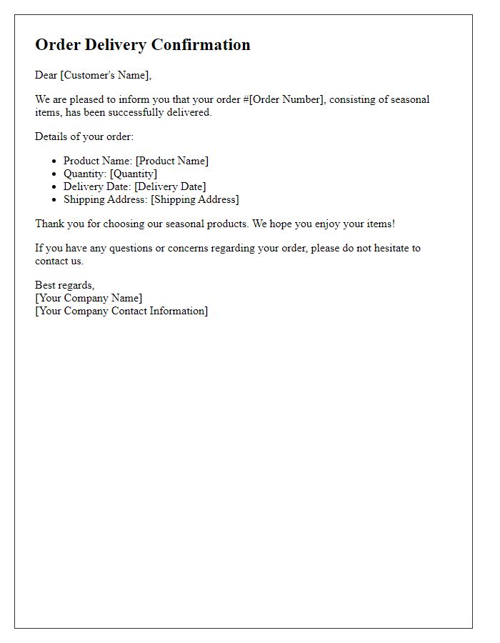 Letter template of order delivery confirmation for seasonal items