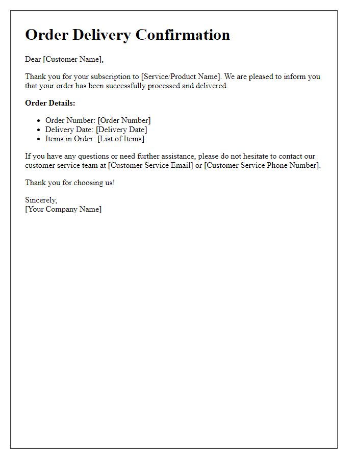 Letter template of order delivery confirmation for subscription services