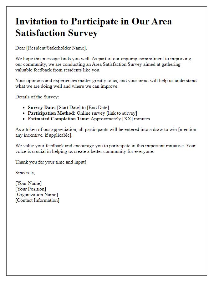 Letter template of area satisfaction survey invitation