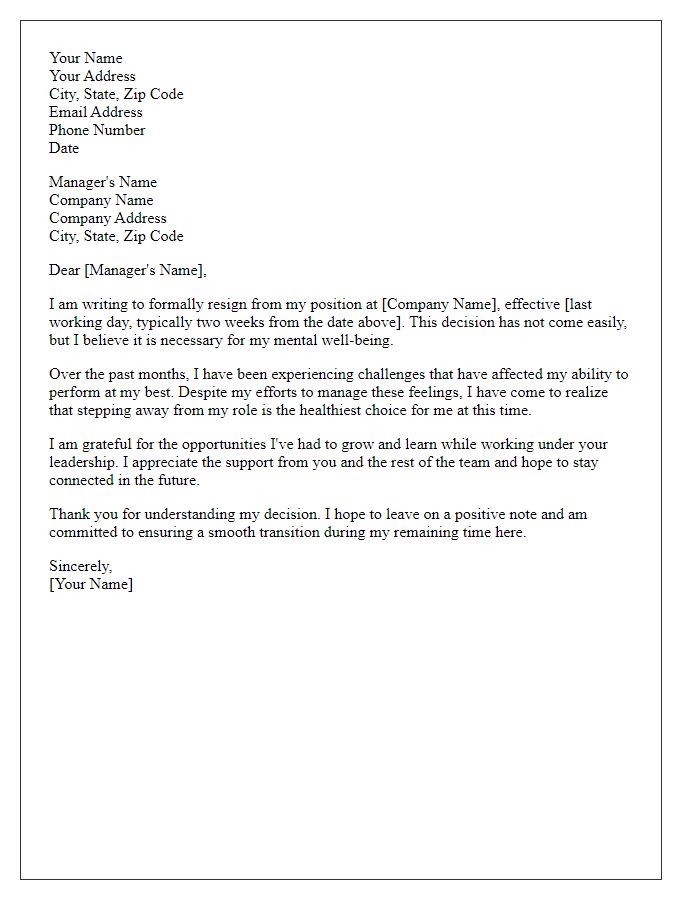 Letter template of resignation as a result of declining mental well-being at work.