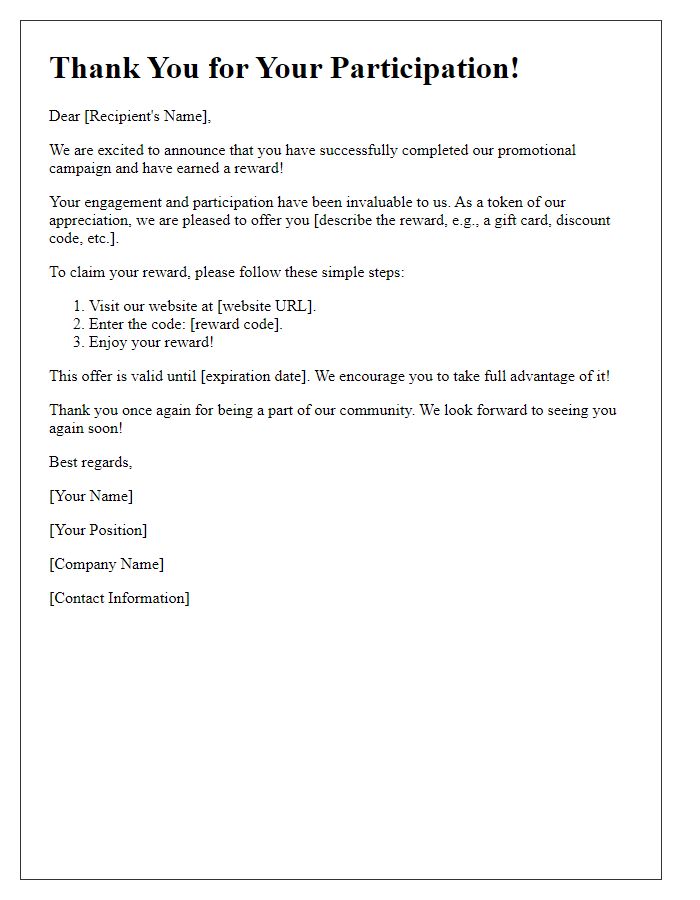 Letter template of promotional campaign reward acknowledgment