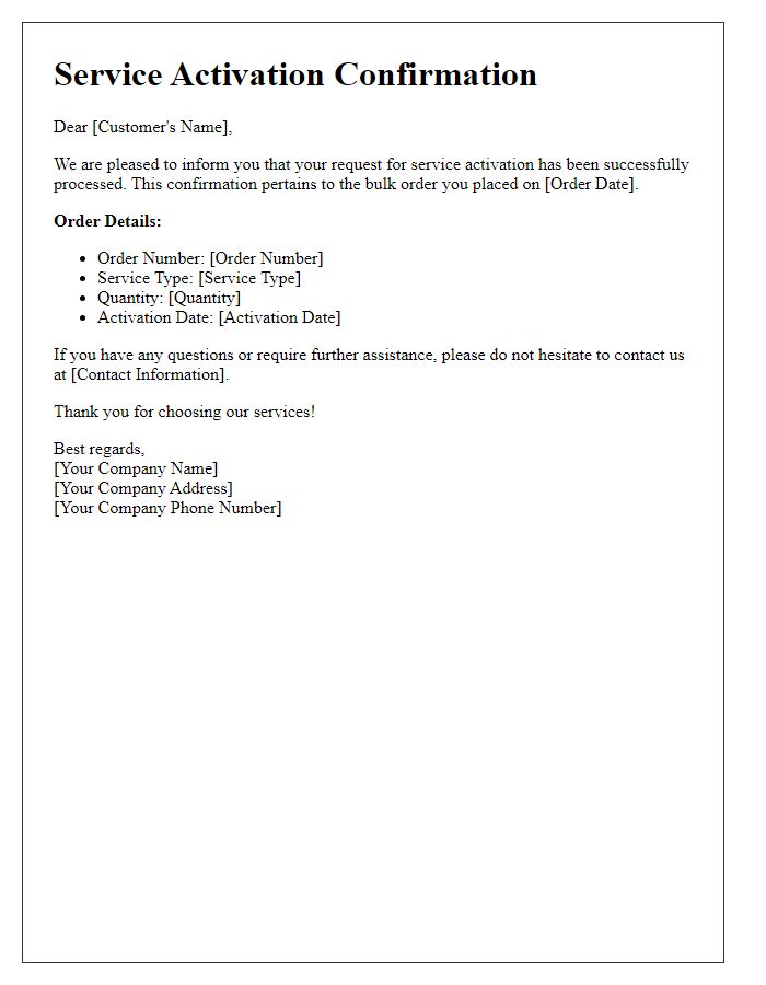 Letter template of service activation confirmation for bulk orders
