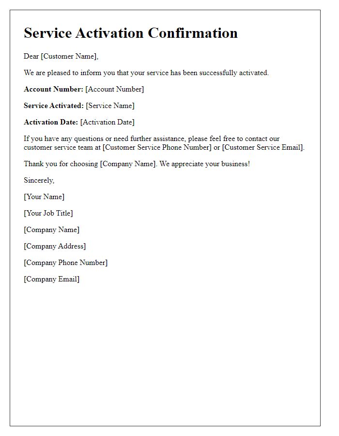 Letter template of service activation confirmation for existing accounts