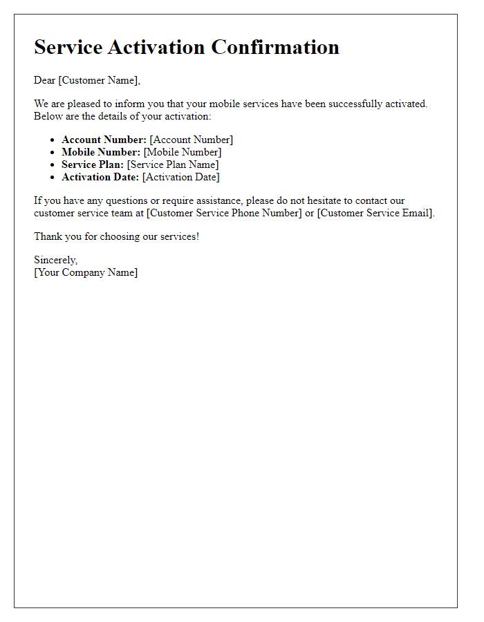 Letter template of service activation confirmation for mobile services