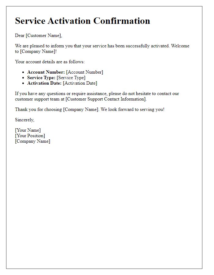 Letter template of service activation confirmation for new customers