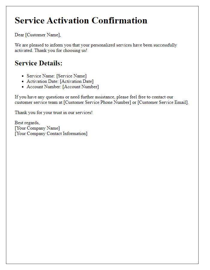 Letter template of service activation confirmation for personalized services