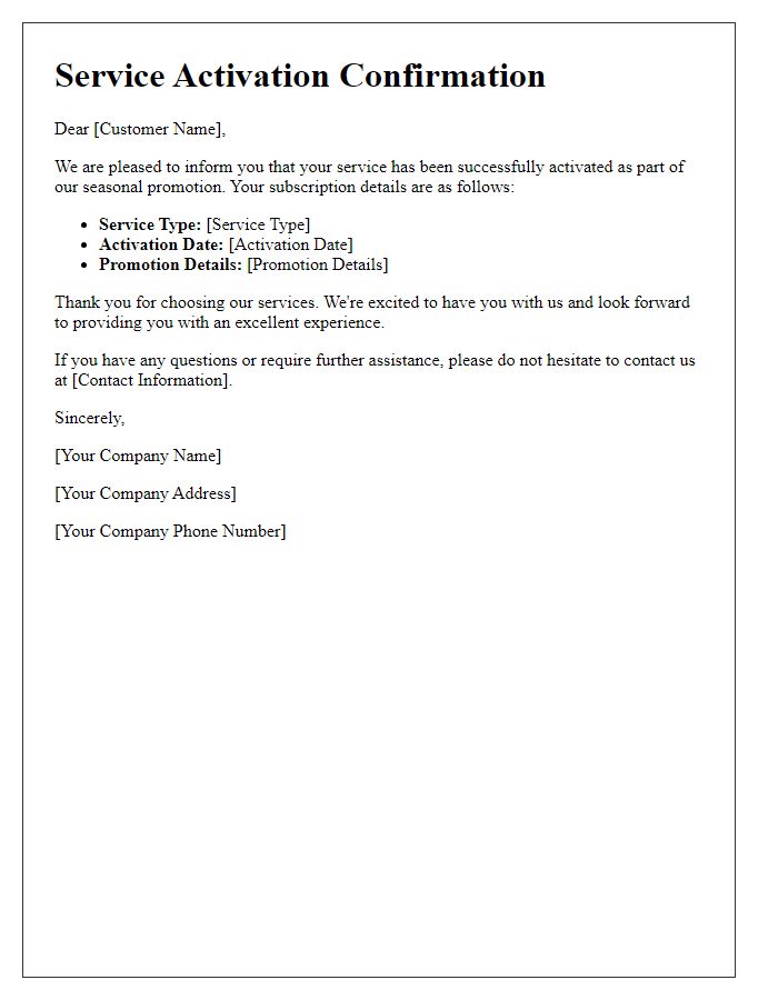 Letter template of service activation confirmation for seasonal promotions