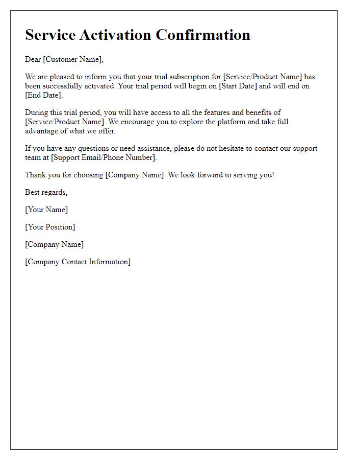 Letter template of service activation confirmation for trial subscriptions