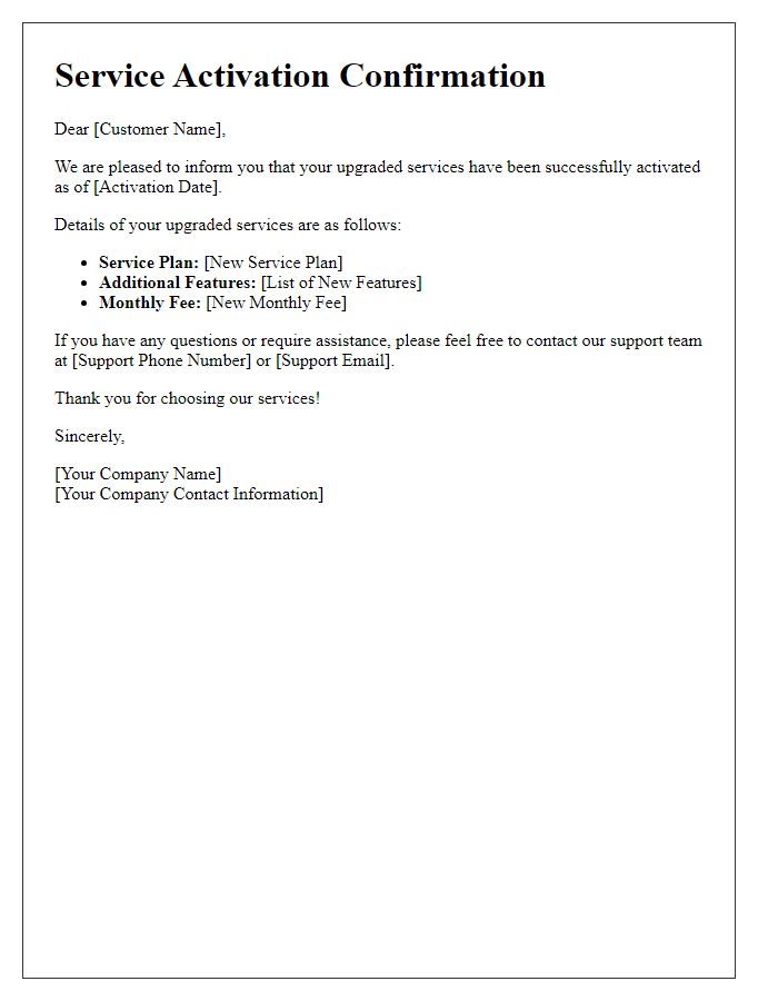 Letter template of service activation confirmation for upgraded services