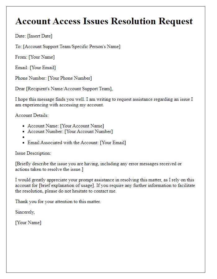 Letter template of account access issues resolution request