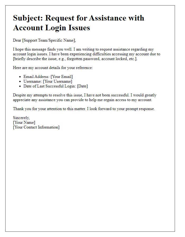 Letter template of assistance needed for account login problems