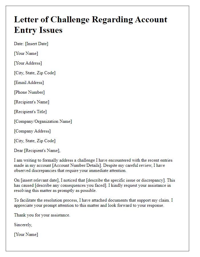 Letter template of challenge faced with account entry