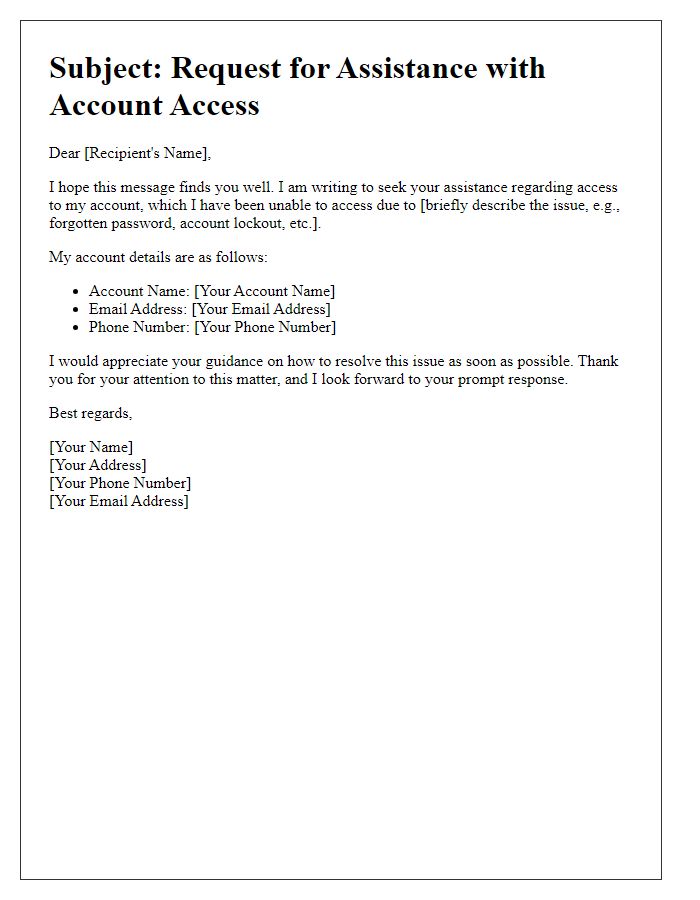 Letter template of plea for assistance with account access