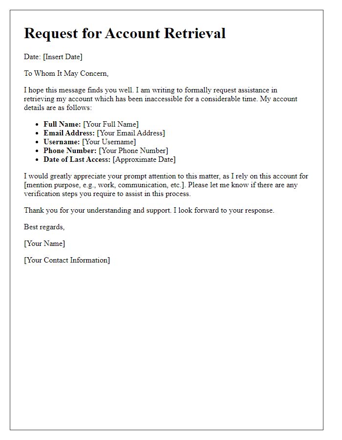 Letter template of support request for account retrieval