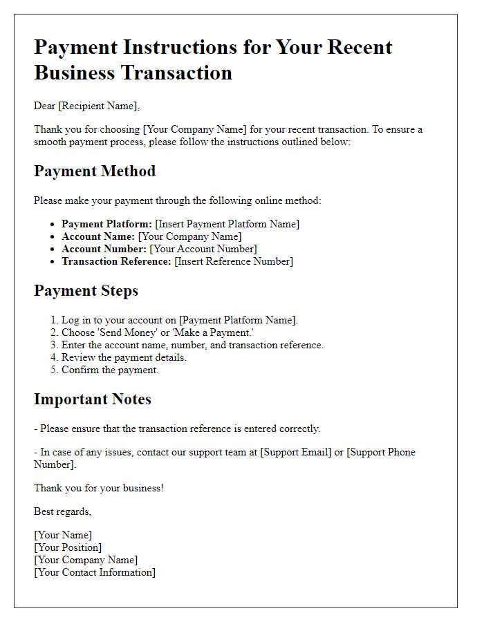 Letter template of online payment instructions for business transactions.