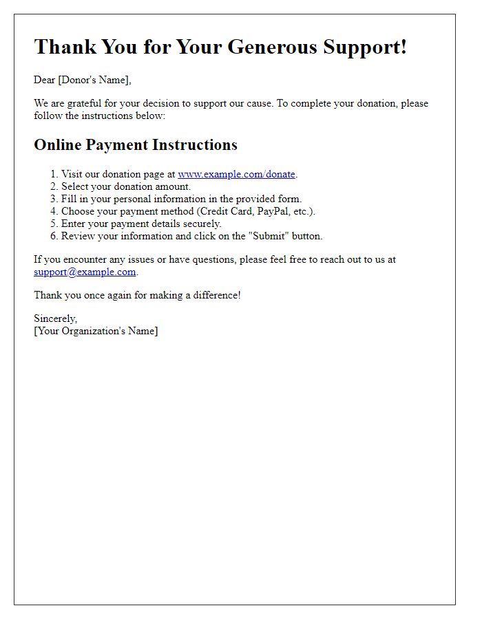 Letter template of online payment instructions for donations.